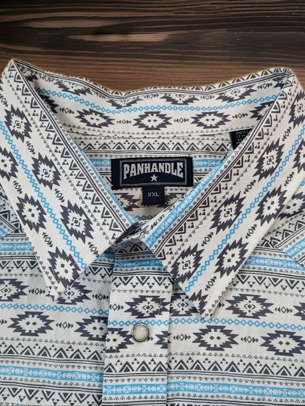 Panhandle Star Pearl Snap Shirt Sz 2X White Blue Geo Aztec Western Biker Cowboy